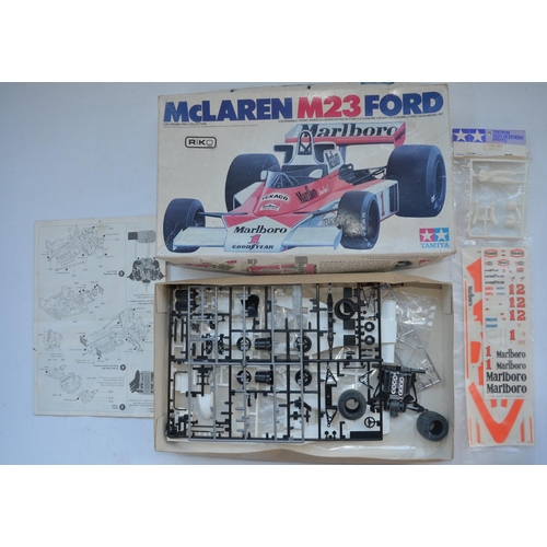 199 - Two  partially built 1/12 Tamiya Formula 1 racing car model kits, Honda F-1 and Wolf WR1 Ford F1 wit... 