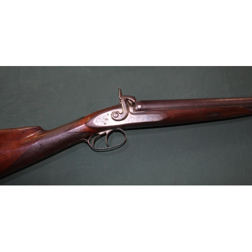 811 - W Eagan muzzle loading side by side percussion shotgun with ornate engraving to lock and woodwork, 2... 