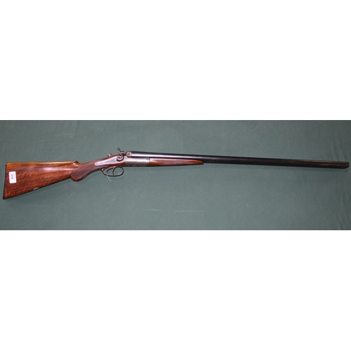 814 - 16B R.E Lewis side by side hammer shotgun with ornate graving to lock, 30