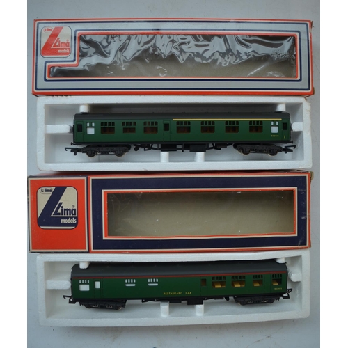 255 - Four Lima OO gauge railway wagons/coaches to include 2 restaurant cars, Palethorpes Royal Cambridge ... 