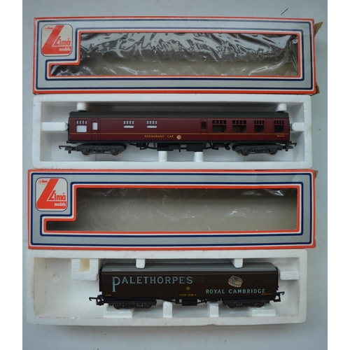 255 - Four Lima OO gauge railway wagons/coaches to include 2 restaurant cars, Palethorpes Royal Cambridge ... 