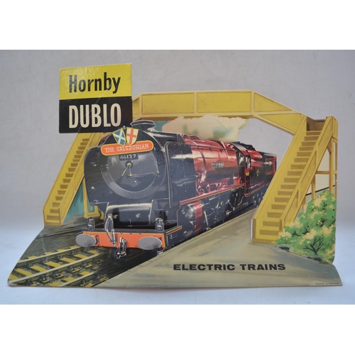 257 - Three vintage Hornby free standing card shop advertising signs to include Hornby Dublo 3D Caledonian... 