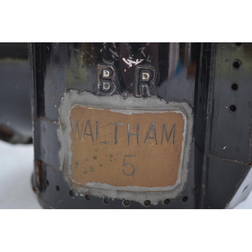 272 - British Rail handheld signal lamp with Waltham 5 plate attached to side. 3 intact glass panes, blue,... 