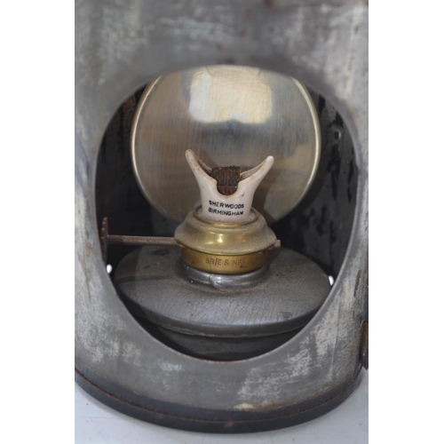 272 - British Rail handheld signal lamp with Waltham 5 plate attached to side. 3 intact glass panes, blue,... 