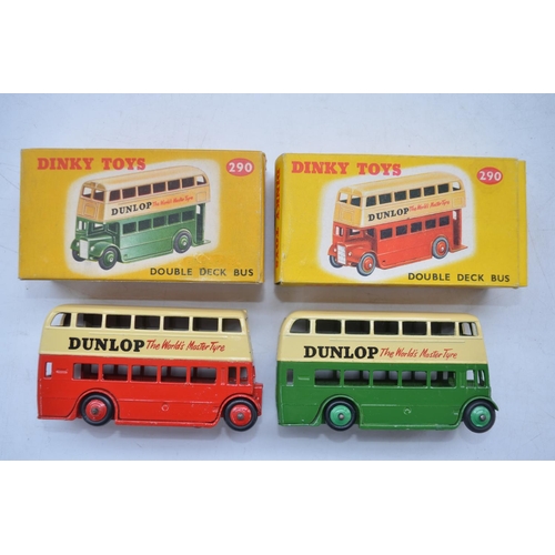 169 - Two vintage Dinky Toys Double Deck Bus models (no 290) with original boxes, both red and green liver... 