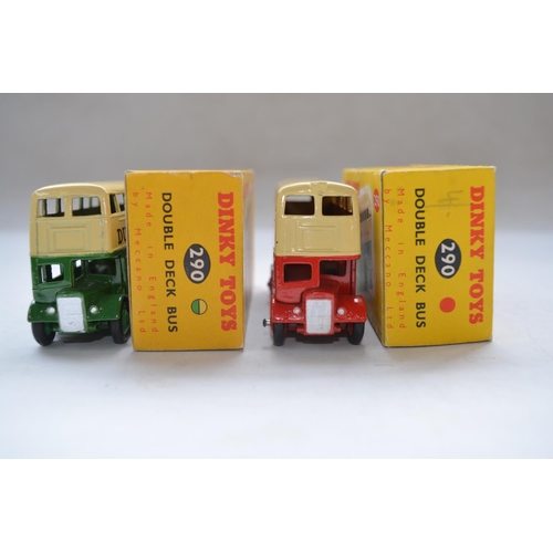 169 - Two vintage Dinky Toys Double Deck Bus models (no 290) with original boxes, both red and green liver... 