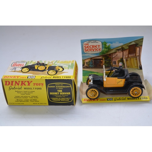 187 - Three vintage Dinky Toys model cars: Gabriel Model T Ford (from Gerry Anderson's The Secret Service)... 