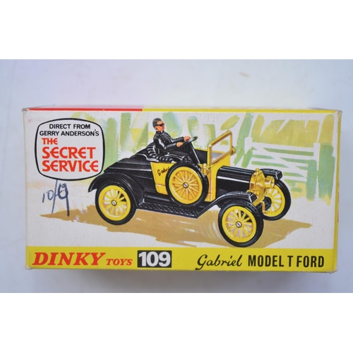 187 - Three vintage Dinky Toys model cars: Gabriel Model T Ford (from Gerry Anderson's The Secret Service)... 