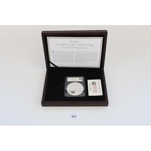 675 - Datestamp 2017 Brexit 5oz Silver Proof Britannia Coin, in original box with cert.