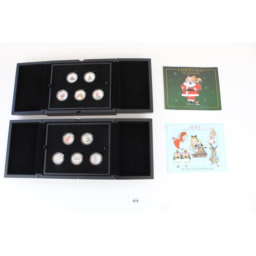 678 - 2021 Isle of Man Alice Through the Looking Glass silver proof 50p coin set and a 2021 Christmas Trad... 