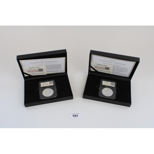 684 - Datestamp UK 2019 and 2020 1oz Silver Britannia, slabbed in original box with cert.