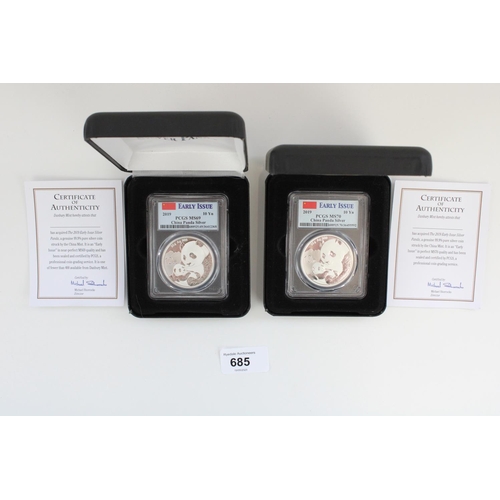 685 - 2019 China 10 Yuan silver Panda bullion coin pair, early issue slabbed and PCGS graded MS70