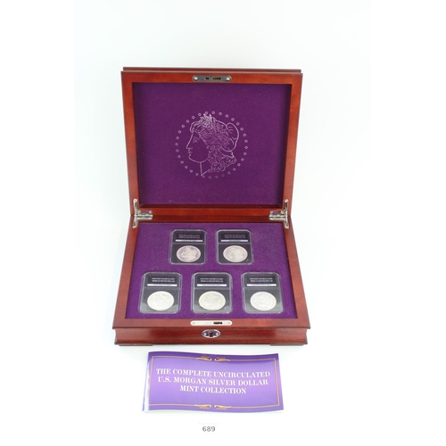 689 - Complete UNC US Morgan Silver Dollar Mint Collection, consisting of five silver Morgans from differe... 