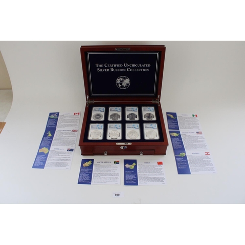 690 - The Certified UNC Silver Bullion Collection, of eight silver bullion world coins, all slabbed and NG... 