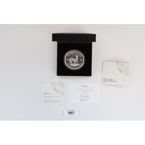 693 - South African Mint 2020 2 oz Fine Silver Krugerrand, in original presentation case with cert