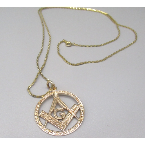 739 - 9ct yellow gold Masonic Square & Compass pendant, stamped 375, on yellow metal chain, L76cm approx.,... 