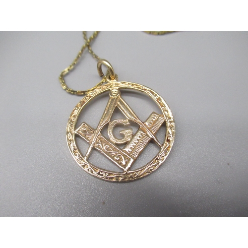 739 - 9ct yellow gold Masonic Square & Compass pendant, stamped 375, on yellow metal chain, L76cm approx.,... 