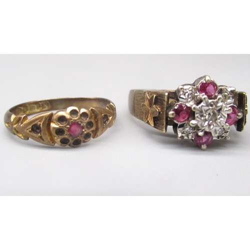 742 - 9ct yellow gold ruby and diamond cluster ring, stamped 375, size P, and another 9ct yellow gold ring... 