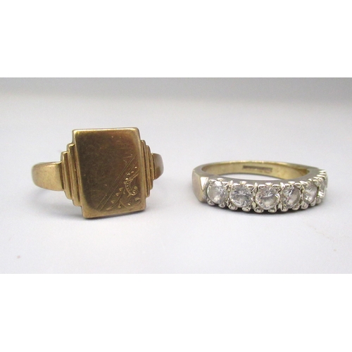 743 - 9ct yellow gold square faced signet ring, stamped 375, size P1/2, and a 9ct yellow gold ring set wit... 