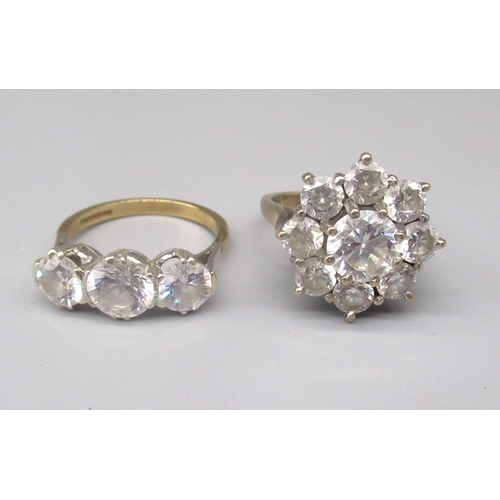 744 - 9ct yellow gold cluster ring set with clear stones, size P, and another similar, size P1/2, both sta... 