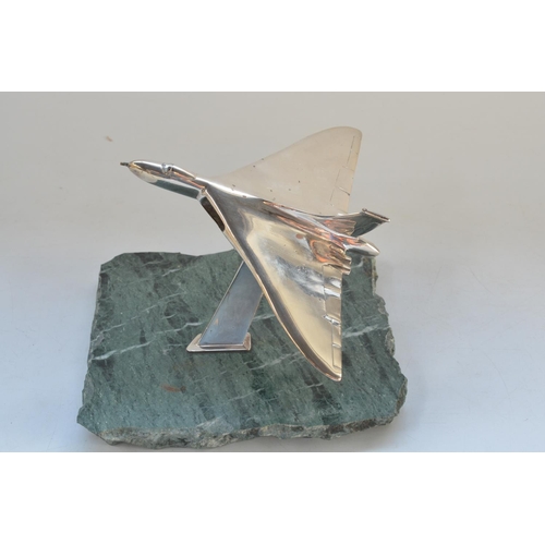 924 - Silver plated solid metal Avro Vulcan model on stylised stand with marble base, no makers marks. Win... 