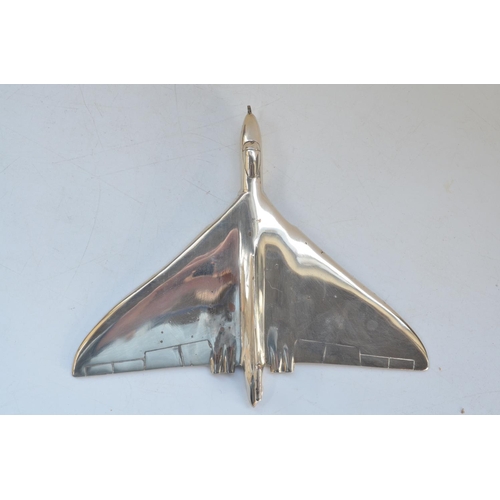 924 - Silver plated solid metal Avro Vulcan model on stylised stand with marble base, no makers marks. Win... 