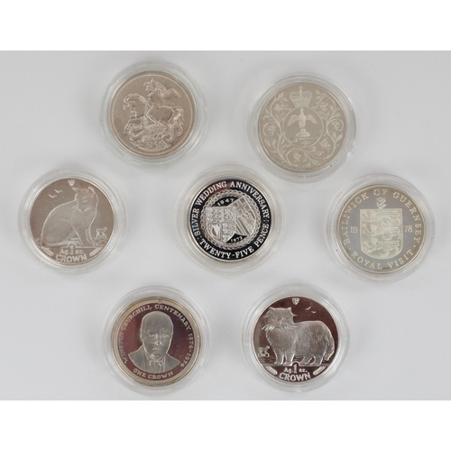 630 - GB, IOM and Guernsey silver proof commemorative coins and crowns incl. 1972 IOM silver wedding, mode... 