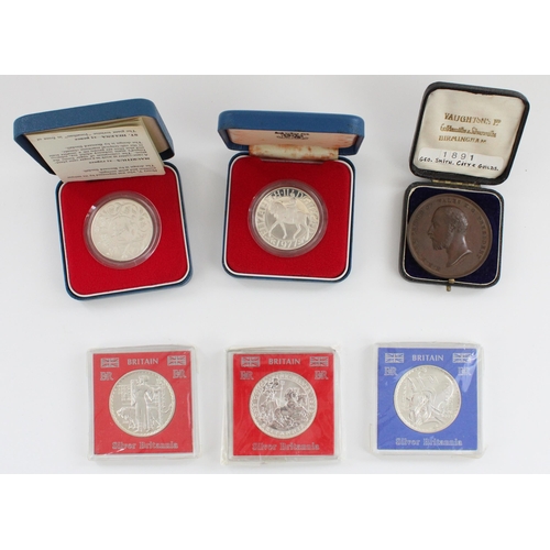 636 - Two GB 1977 Coronation silver proof crowns, three silver Britannia £2 coins for 1999, 2001, 2003 and... 