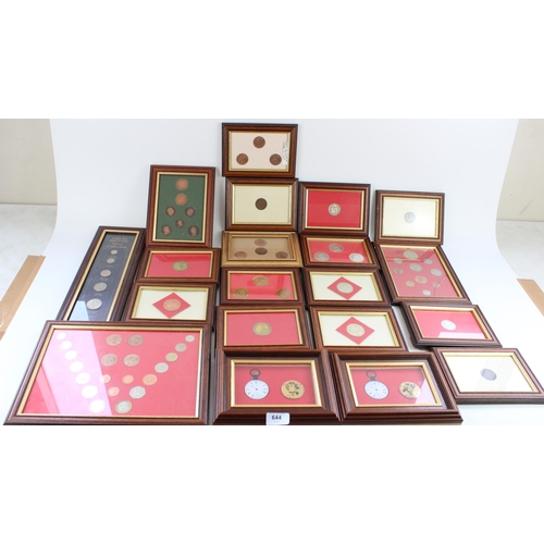 644 - Collection of glazed and framed GB coin sets, Fantasy coins and watch parts (qty)