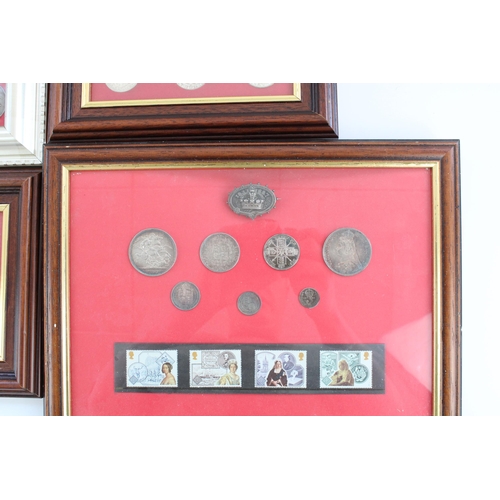 645 - Four framed and glazed GB silver coin sets incl. Victoria 1887 jubilee set threepence through crown ... 