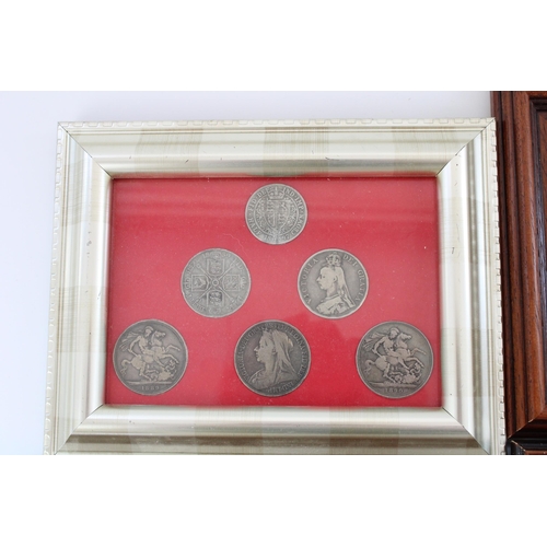 645 - Four framed and glazed GB silver coin sets incl. Victoria 1887 jubilee set threepence through crown ... 