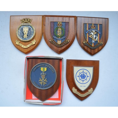 928 - Five wall plaques, 3 British military to include Royal Army Medical Corps, Royal Electrical And Mech... 