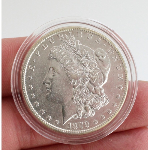 622 - US 1879 silver Morgan dollar, UK 2007 1 oz fine silver proof Britannia £2 and a hallmarked silver Ne... 