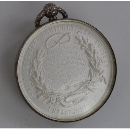 626 - Staffordshire Agricultural Society silver medallion, engraved to reverse - Awarded to Mr. Harry Jone... 