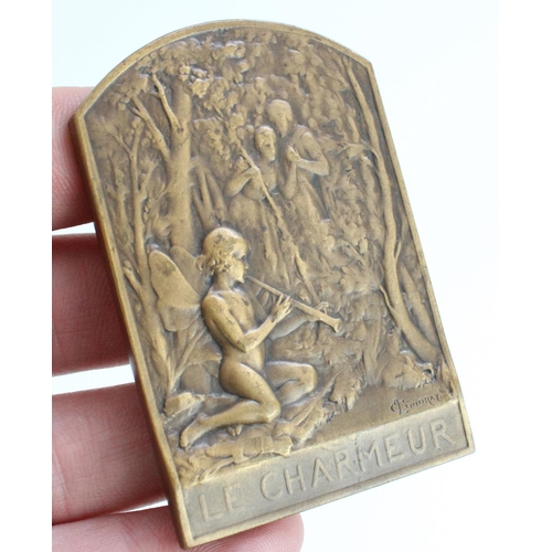 628 - C20th Art Nouveau French cast bronze plaque 'le Charmeur' signed C. Loudray, 1925 Mond Nickel Co. me... 