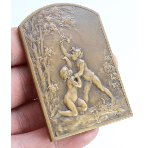 628 - C20th Art Nouveau French cast bronze plaque 'le Charmeur' signed C. Loudray, 1925 Mond Nickel Co. me... 