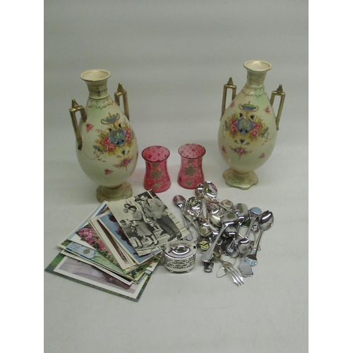 330 - Pair of Crown Devon Wick vases, 2 matching Cranberry glasses with floral painted decoration, mixed p... 