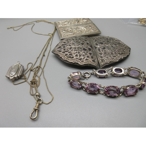 16 - Sterling silver bracelet set with purple stones, stamped Sterling, L18.5cm, a white metal locket, tw... 