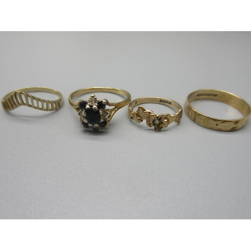25 - 9ct yellow gold diamond and sapphire cluster ring, stamped 375, size Q1/2, and three other 9ct yello... 