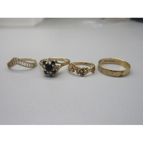 25 - 9ct yellow gold diamond and sapphire cluster ring, stamped 375, size Q1/2, and three other 9ct yello... 