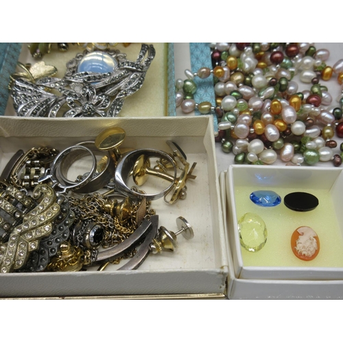 28 - Costume jewellery including coloured synthetic pears, brooches, cameos etc.