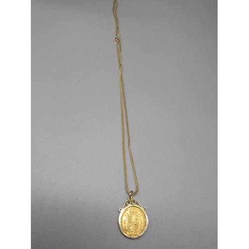 4 - Victoria 1890 half sovereign set in 9ct gold mount pendant, on 9ct gold chain, gross 9.5g