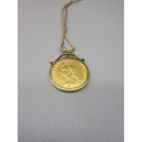 4 - Victoria 1890 half sovereign set in 9ct gold mount pendant, on 9ct gold chain, gross 9.5g