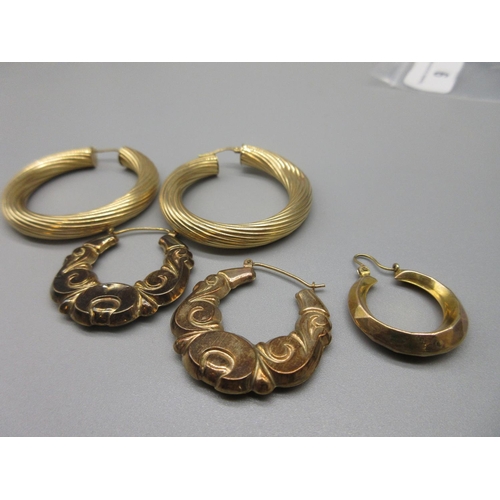 66 - pair of 9ct yellow gold large hoop earrings, stamped 375, a pair of ornate 9ct yellow gold hoop earr... 