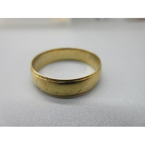 8 - 18ct yellow gold wedding band with worn design, size R, stamped 18, 3.4g