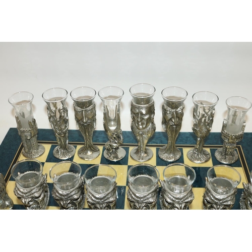 265 - Lord of the Rings Royal Selangor novelty pewter chess set, 32 pieces, each piece as a shot glass, wi... 