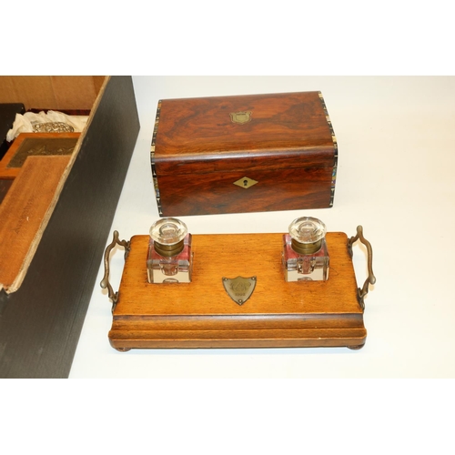 286 - Oak two-bottle inkstand, with inset plaque dated 1902, late Victorian rosewood work box with fitted ... 