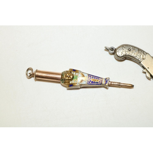 295 - Novelty propelling pencil as an Egyptian pharaoh, enamelled decoration, L2.5cm, and a miniature brea... 