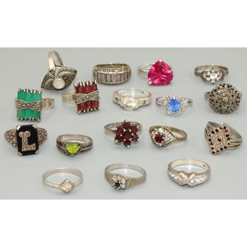 309 - Group of late C20th stone set silver rings, majority set with marcasite (16)