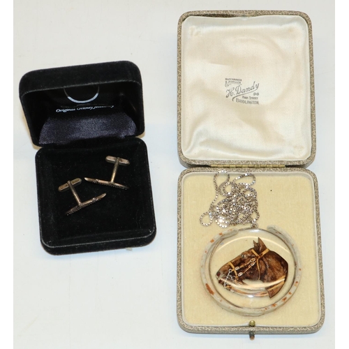 345 - Pair of boxed Ola Gorrie silver cufflinks in the form of salmon, L2.5cm, and a resin pendant decorat... 